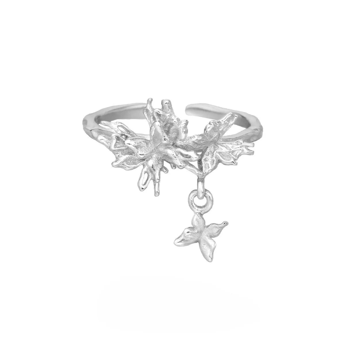 Adjustable silver ring with a detailed wild butterfly design in a white gold or 18K gold colour finish.