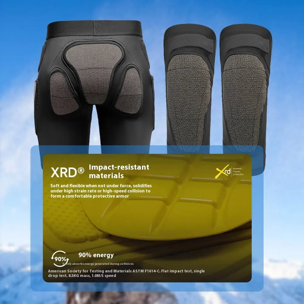 X-ray diffraction skiing protective gear showing hip pad and knee pad set for inner wear cushioning.