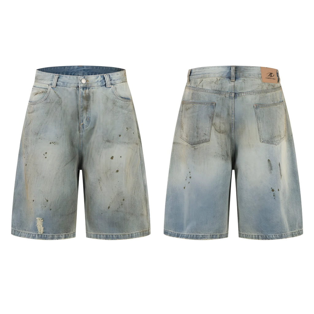 Men's washed blue cropped denim jeans with a straight leg and zipper fly, laid flat.