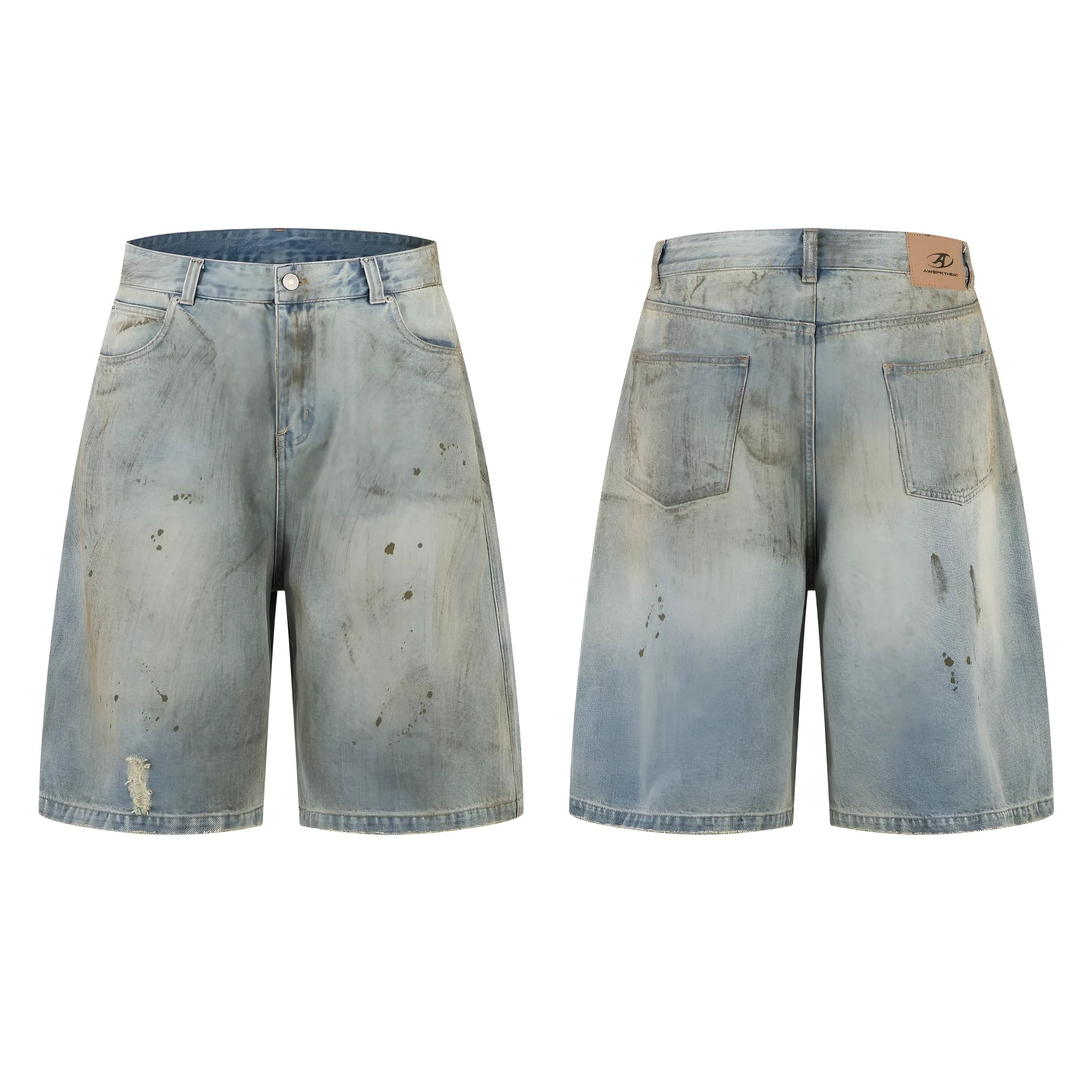 Men's washed blue cropped denim jeans with a straight leg and zipper fly, laid flat.