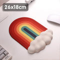 Silica gel wrister mouse pad and keyboard support set in a pastoral cloud pattern on a desk.