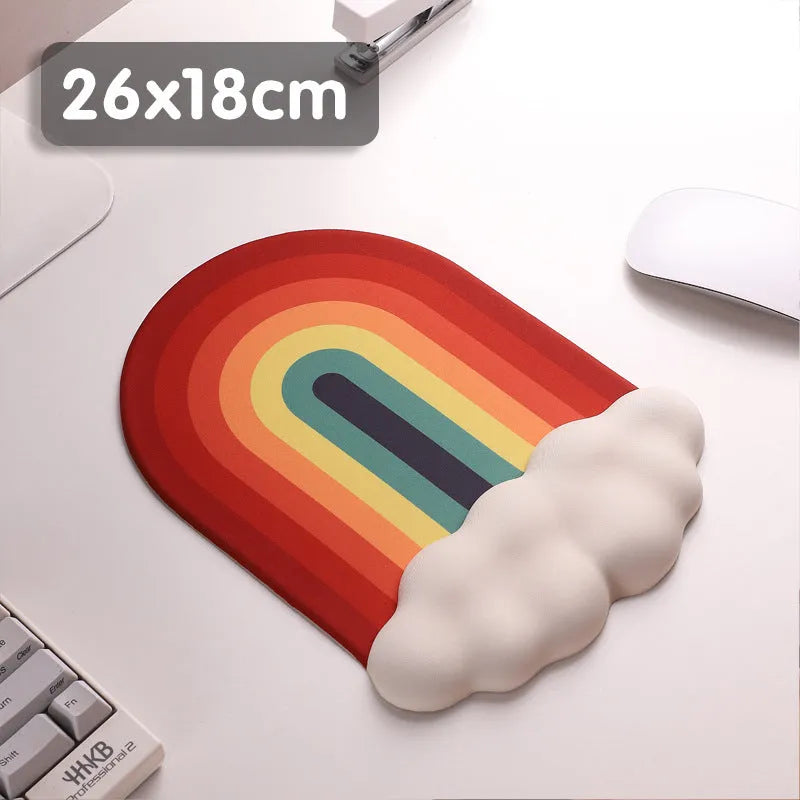 Silica gel wrister mouse pad and keyboard support set in a pastoral cloud pattern on a desk.