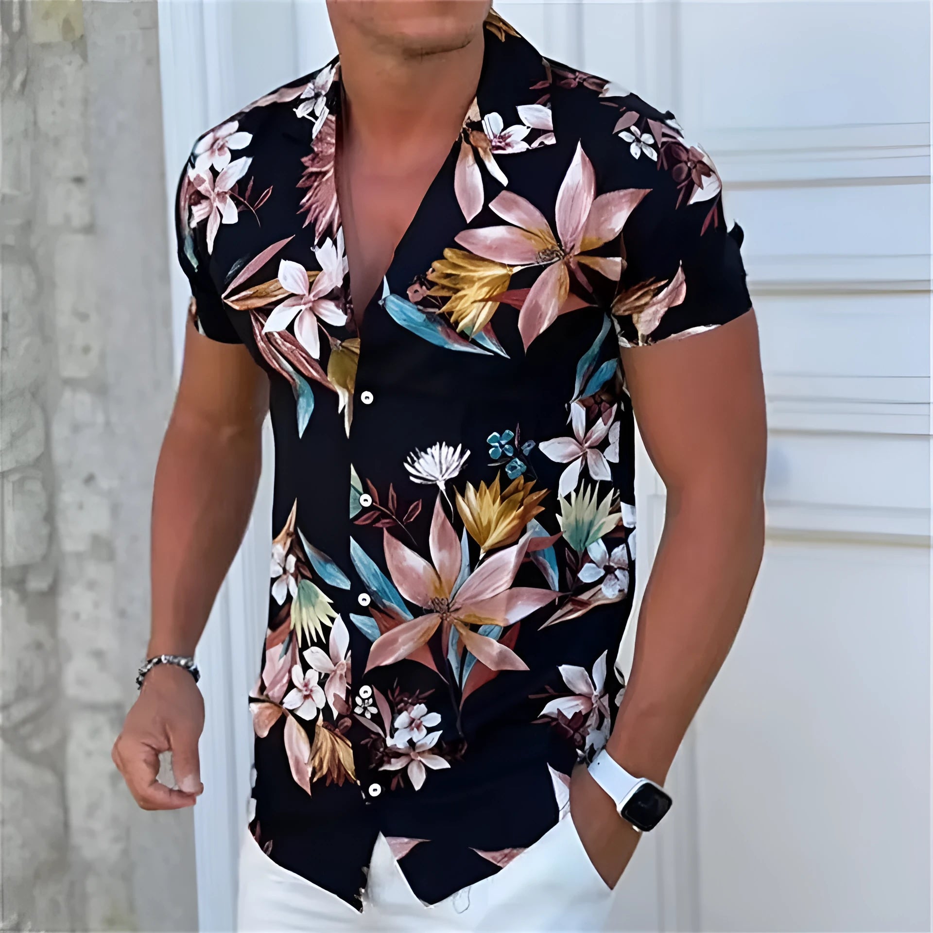 Men's loose fit floral printed beach shirt cardigan with short sleeves for summer wear