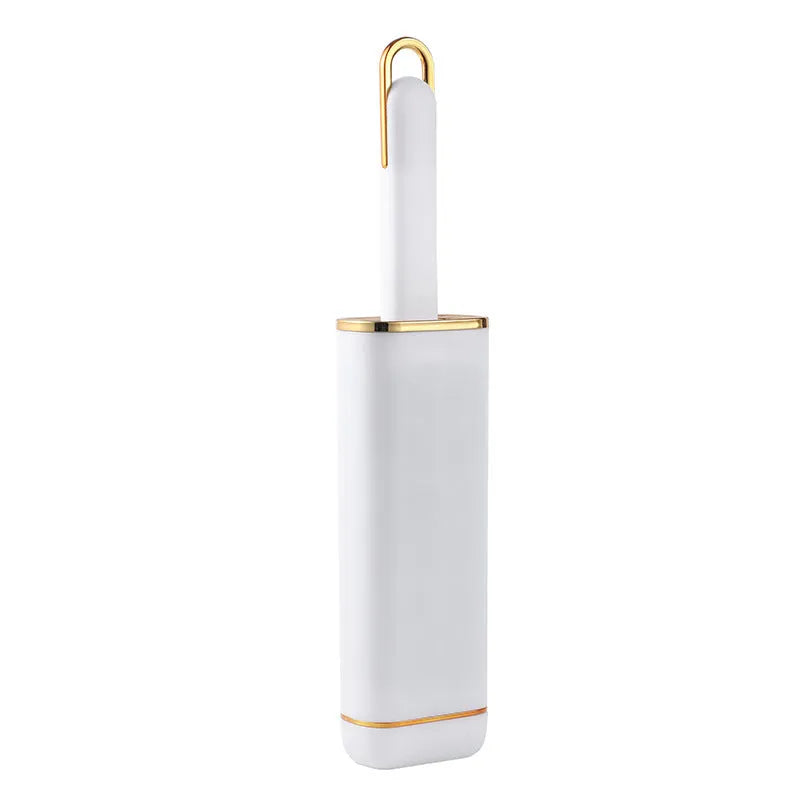 Blue reusable pet hair remover brush with storage base for collecting shed hair from fabrics.