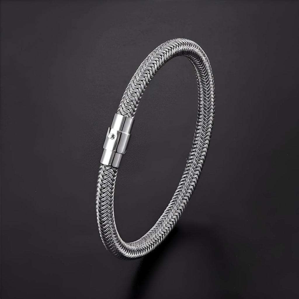Titanium steel geometric wire bracelet with magnet socket closure showing linear design elements