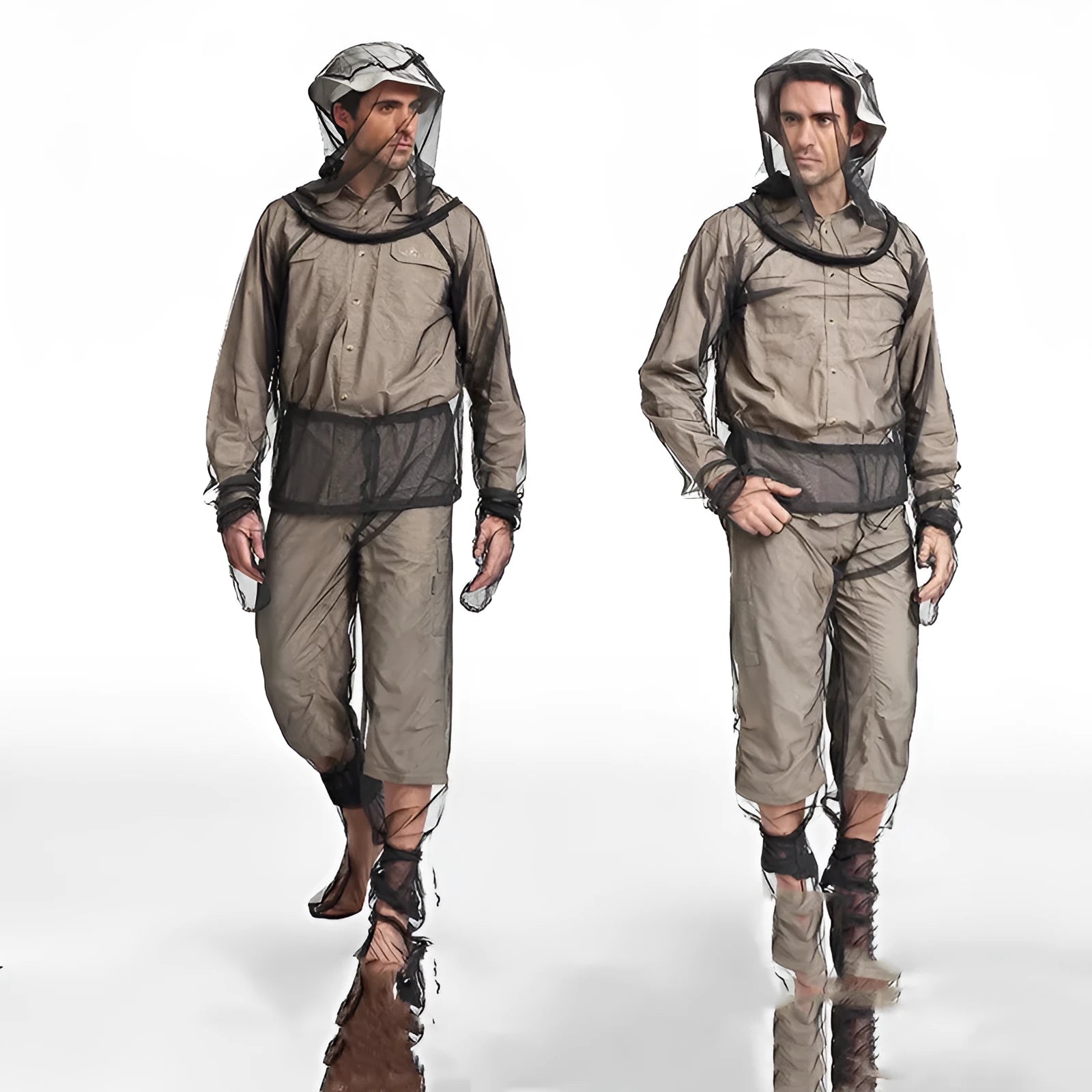 Mosquito protection suit set comprising hooded top, trousers and booties in breathable mesh fabric