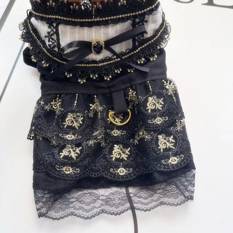 Golden gothic princess style polyester skirt costume for cats and dogs showing size range from XS to XL
