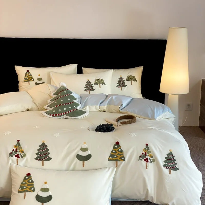 Pure cotton four-piece bedding set with embroidered Christmas tree towel design on plant and flower pattern