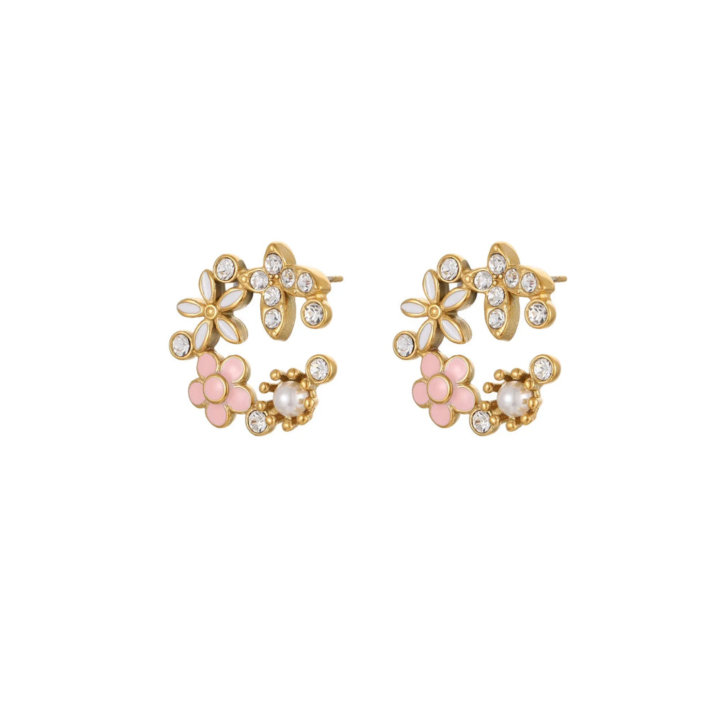 Stainless steel flower stud earrings with 18K gold electroplating and colourful petal design