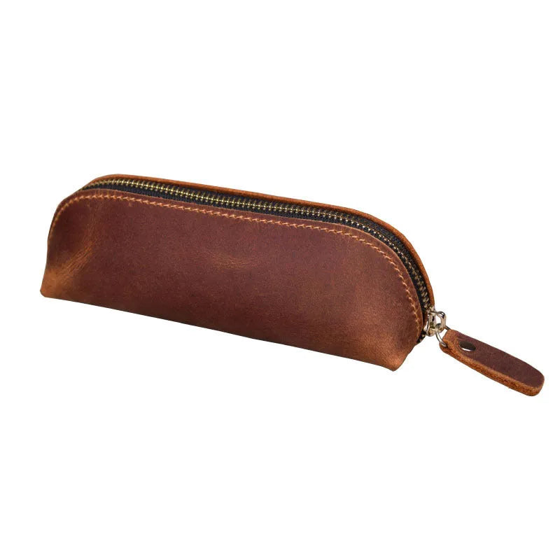 Handmade square leather pencil case with zipper in black, brown, dark brown, or yellow.