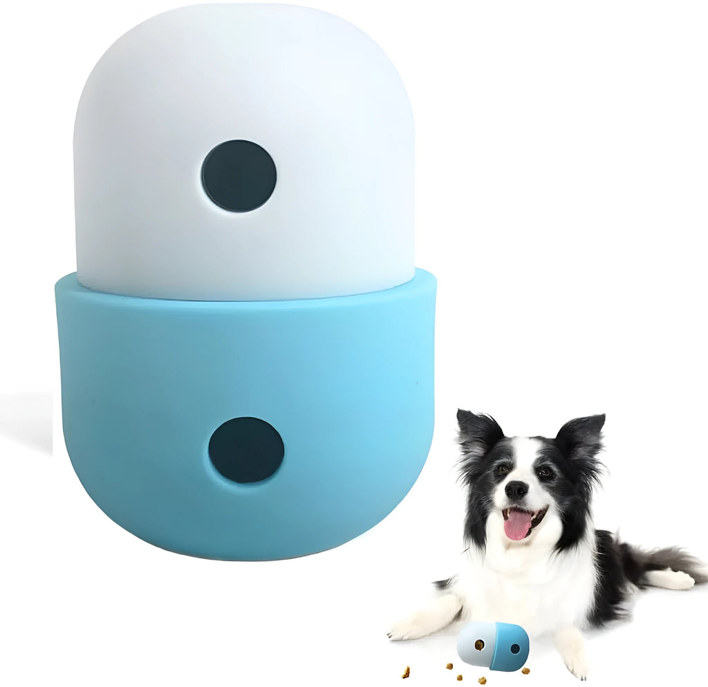 White and blue food-grade silicone dog treat puzzle toy for small breeds on a hard floor.