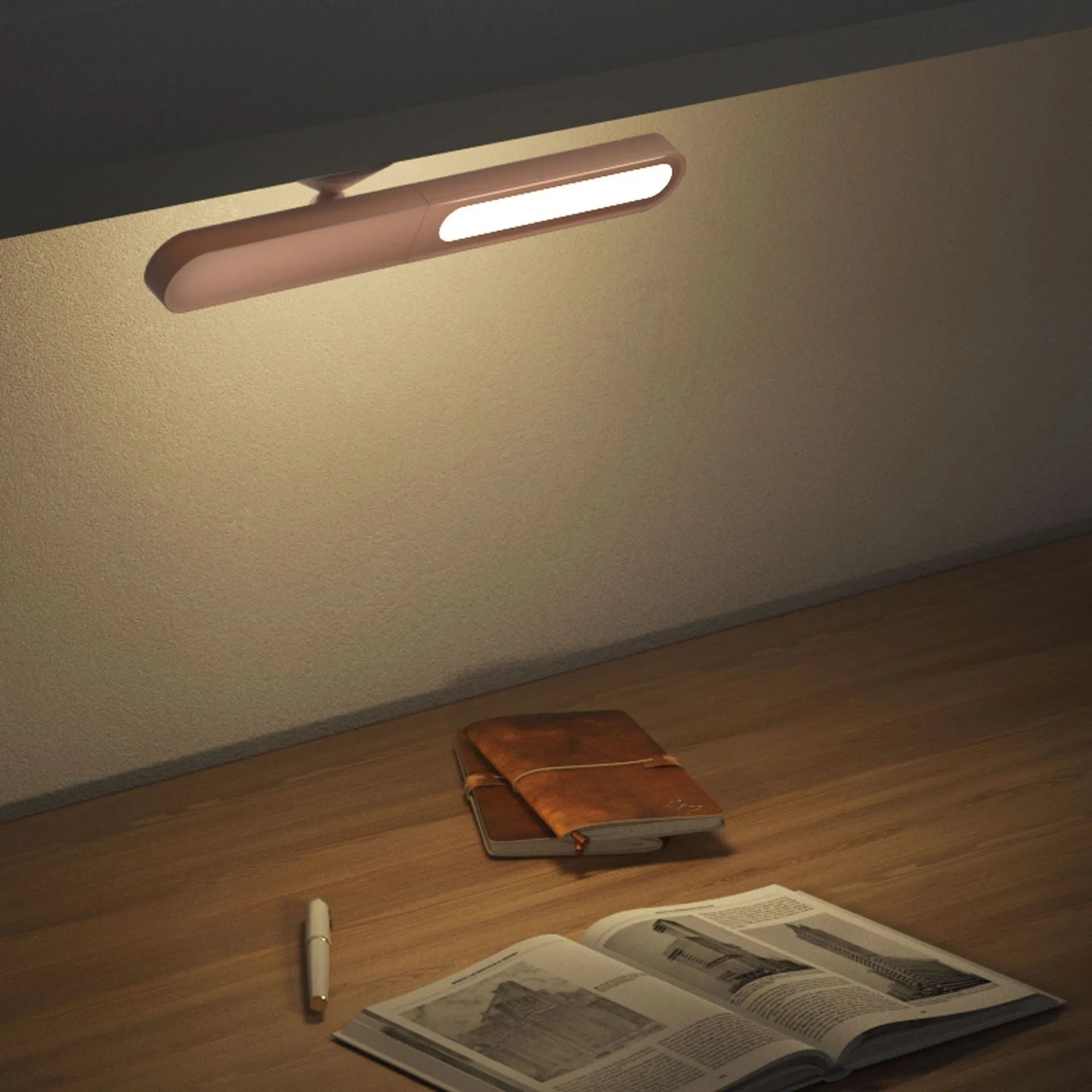 Geometric white desk lamp with magnetic base and USB cable on wooden table