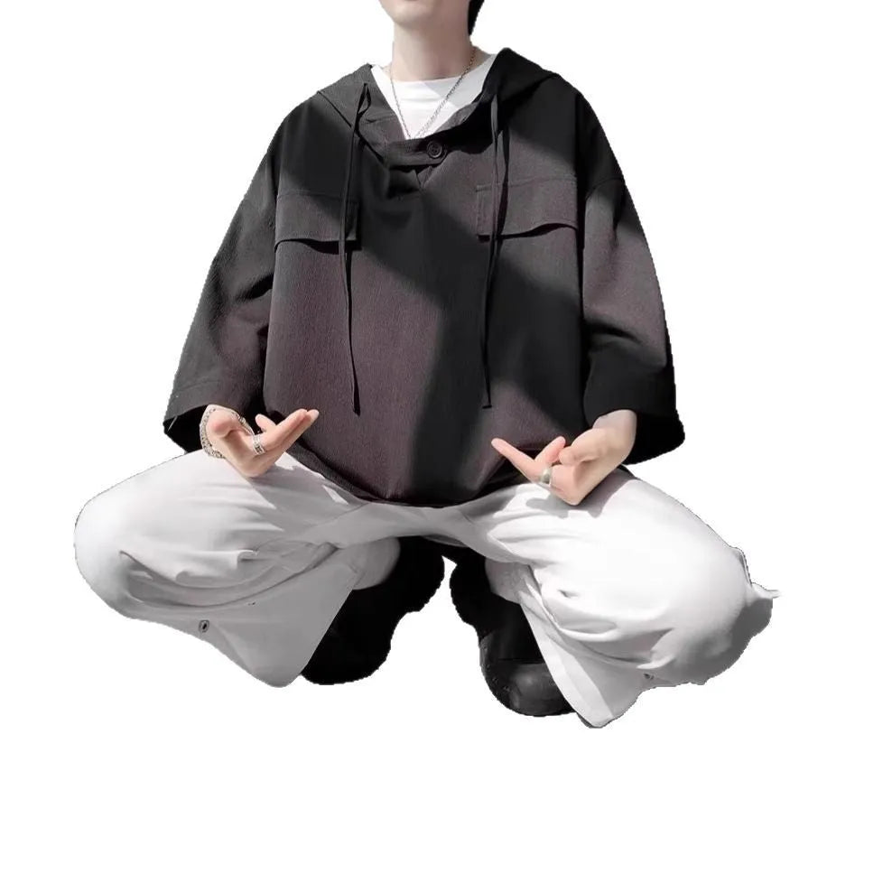 Men's loose fit hooded short sleeve t-shirt in polyester fabric for summer wear