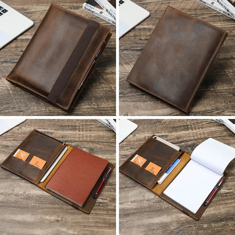 Brown Crazy Horse leather A5 notebook protective sleeve with square socket design.