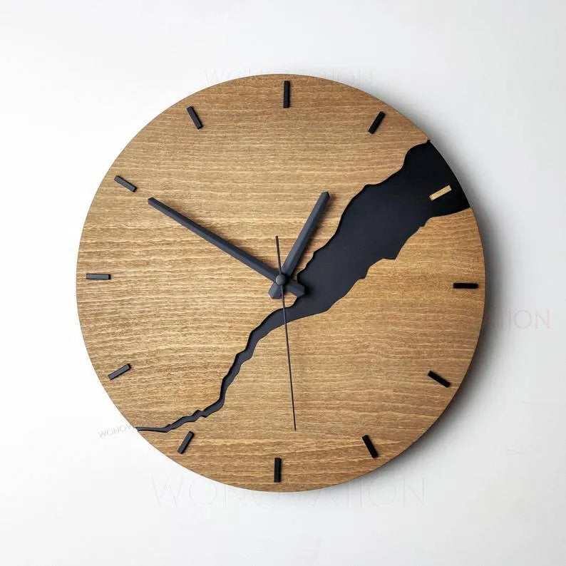Modern wooden wall clock with a creative crack finish, shown in one of five available colour options.