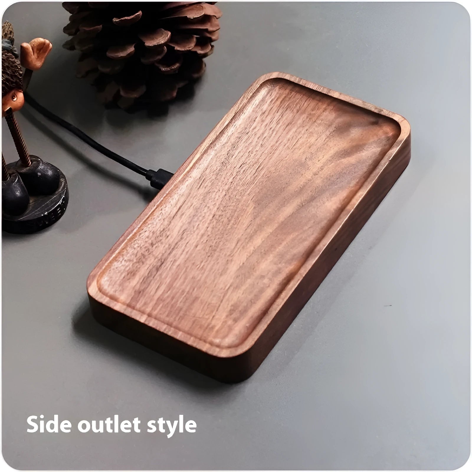 Natural black walnut wood tray 15W wireless fast charger with end outlet cable