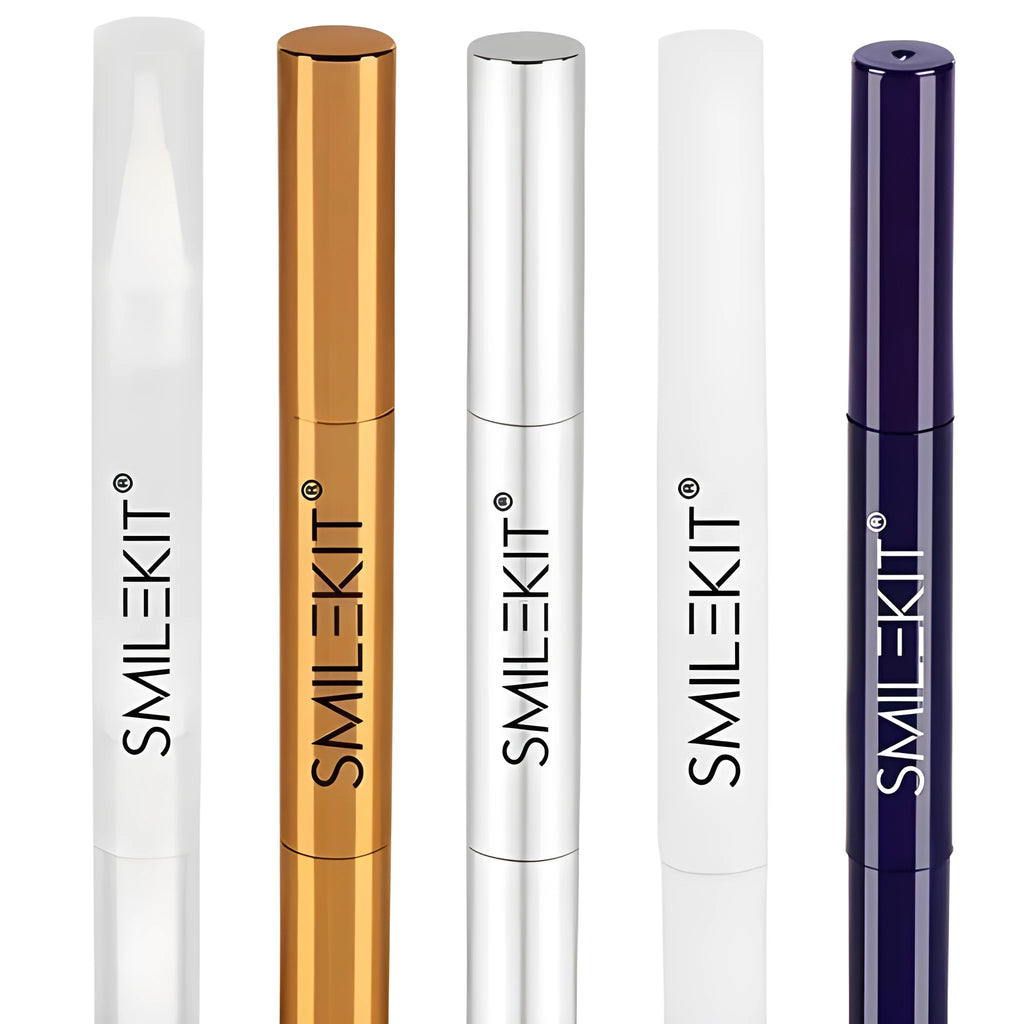 Teeth whitening pen in gold aluminium case for adult teeth cleaning gel application.