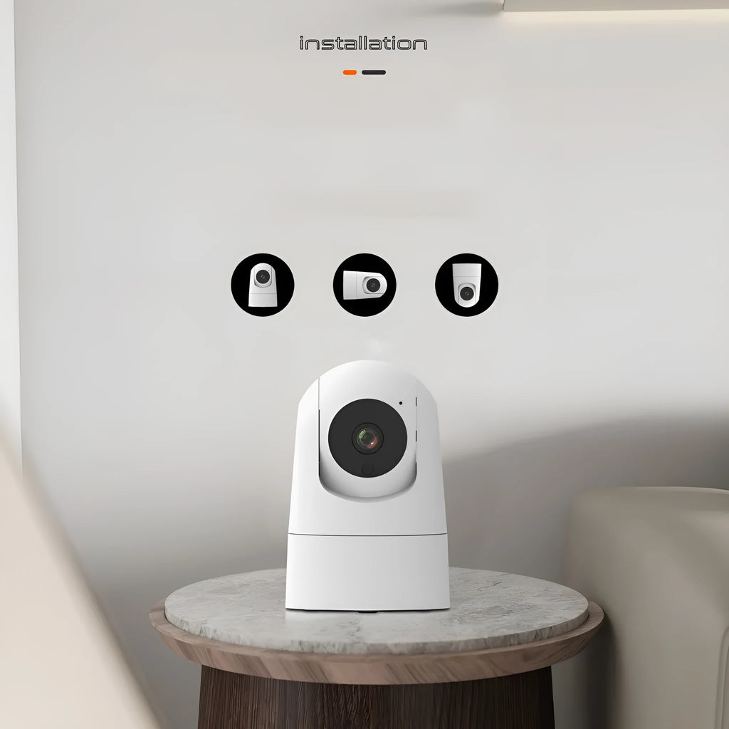 White indoor security camera with 5G and WIFI connectivity, two-way audio, and shake head tracking features