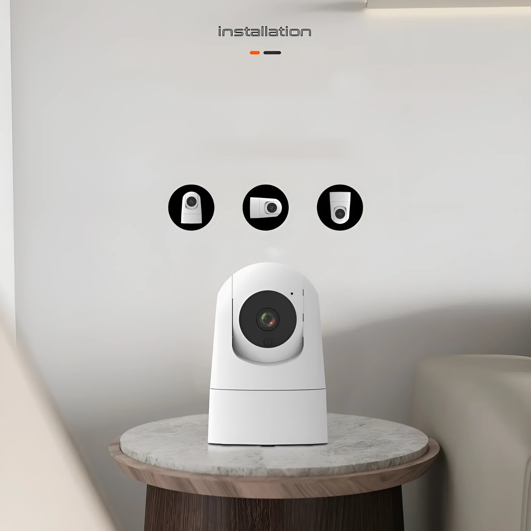 White indoor security camera with 5G and WIFI connectivity, two-way audio, and shake head tracking features