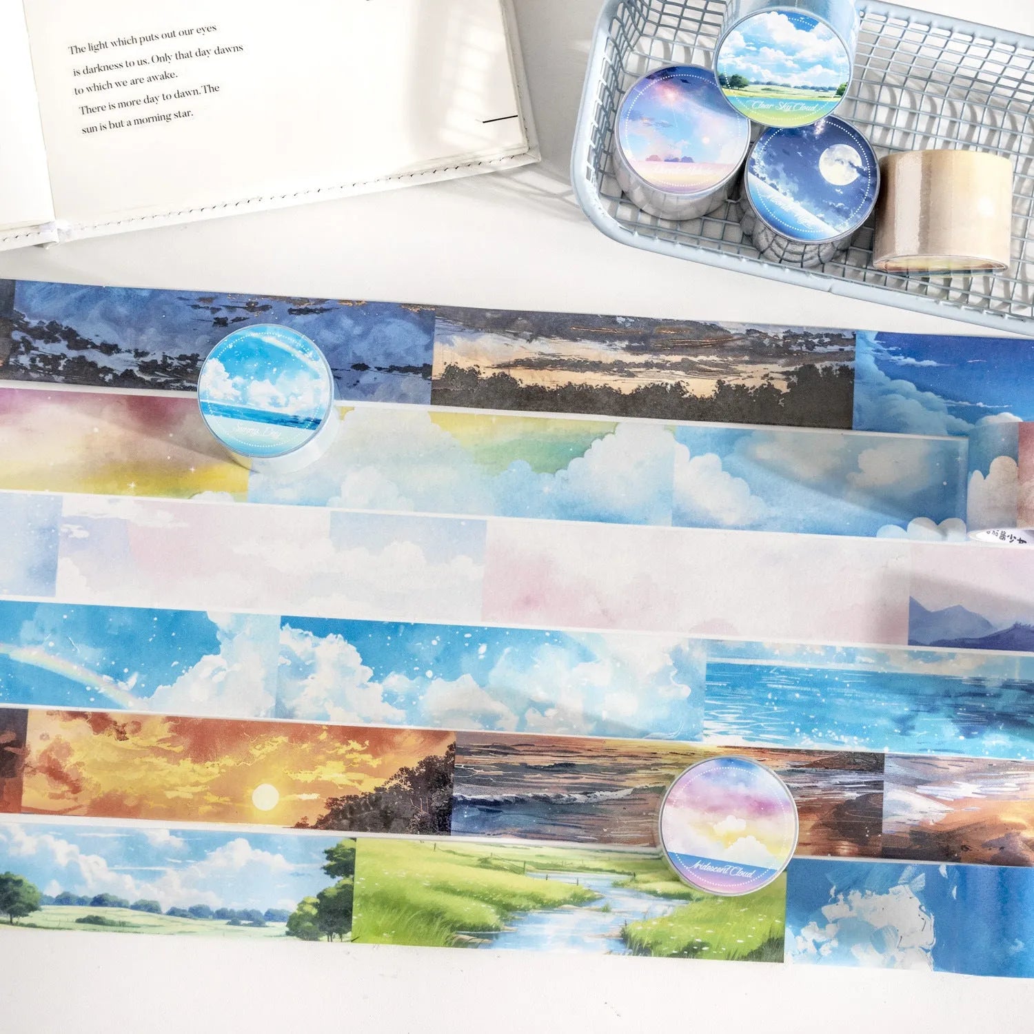 Japanese paper washi tape roll with cloud and sky theme designs including twilight and purple nebula patterns