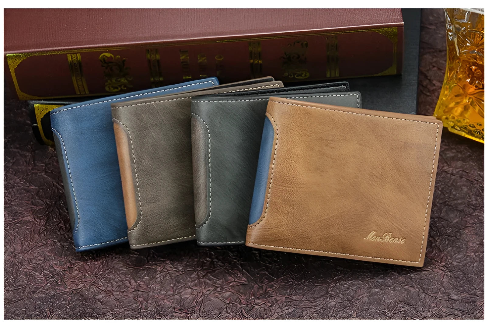New men's PU leather tri-fold wallet in horizontal square shape with splicing detail, shown in black