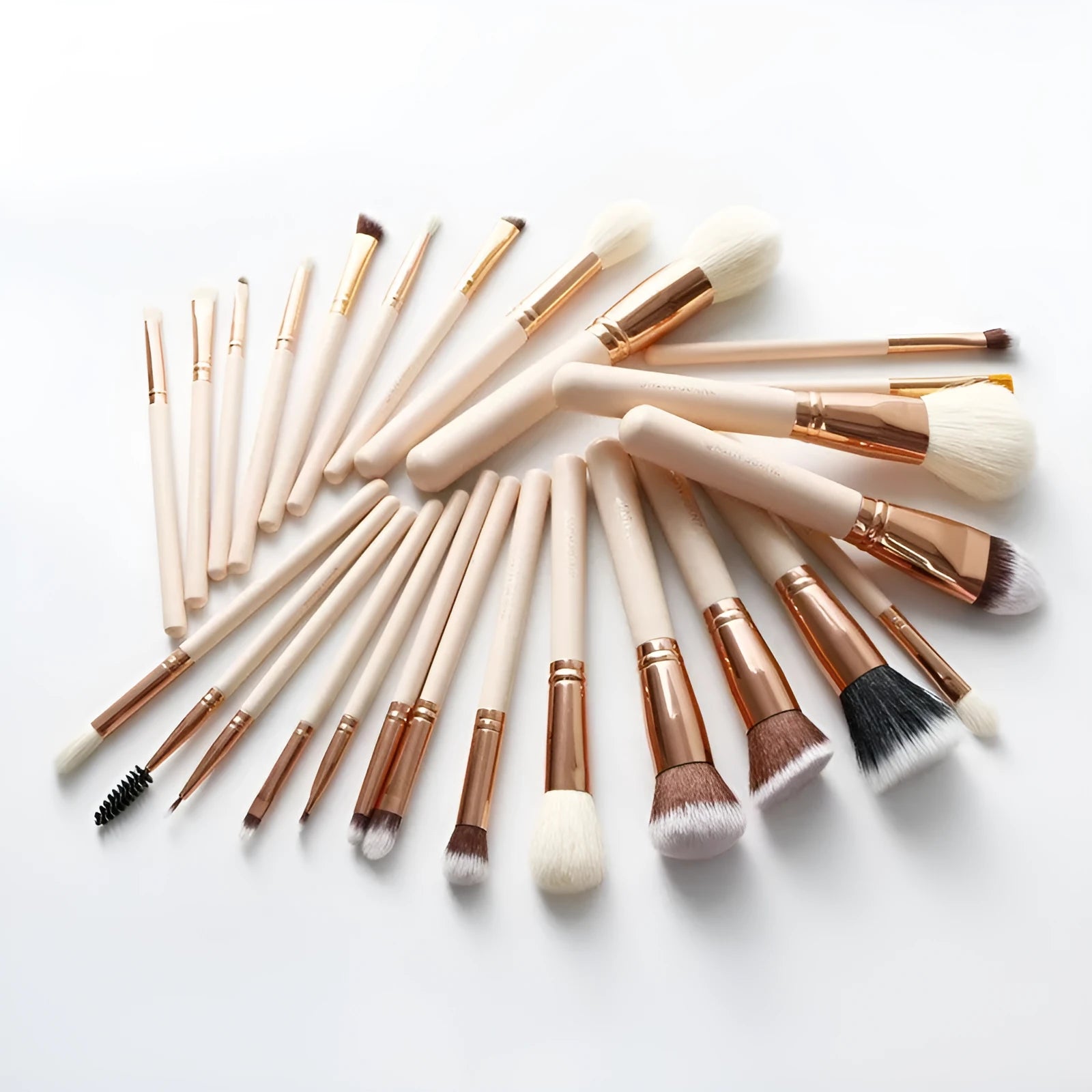 26 pink makeup brushes with wooden handles arranged in a PU carry case.