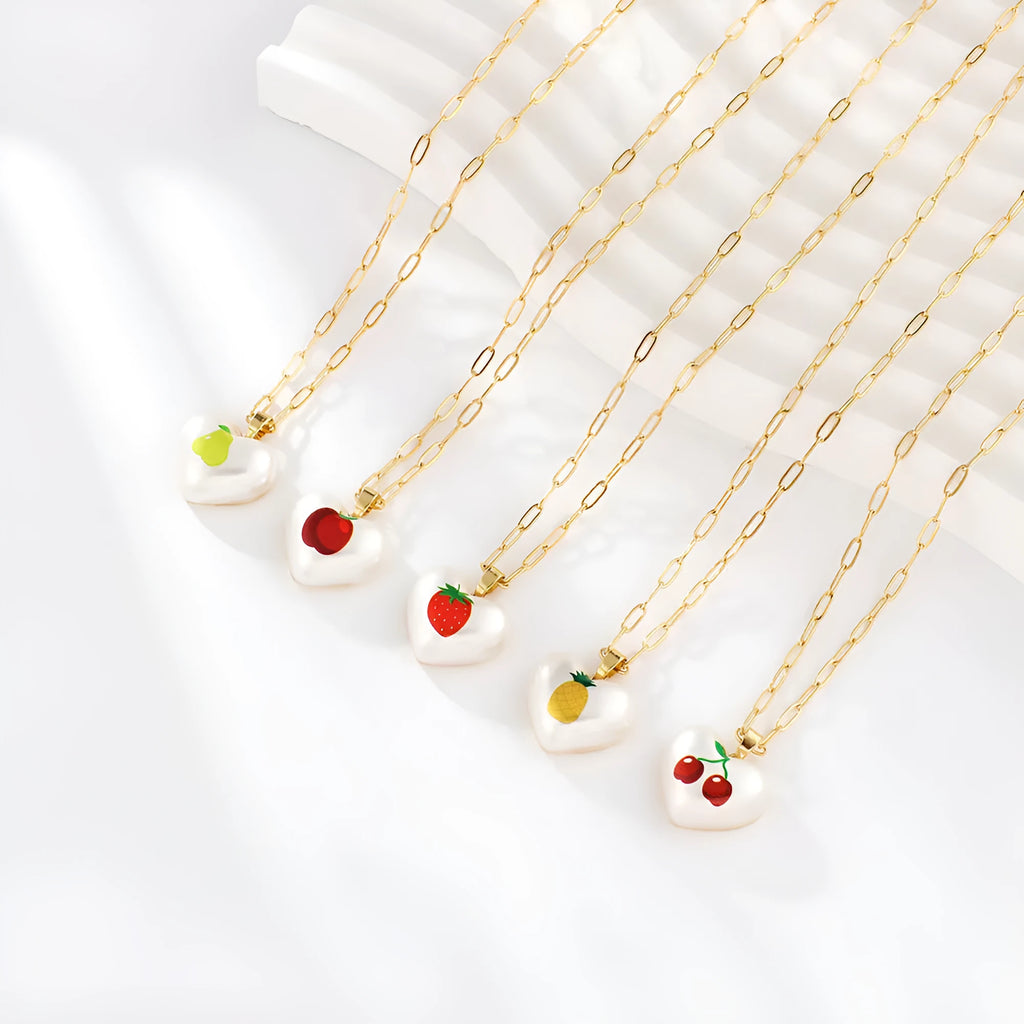 Adjustable heart-shaped necklace with fruit pendant charm showing five colour options