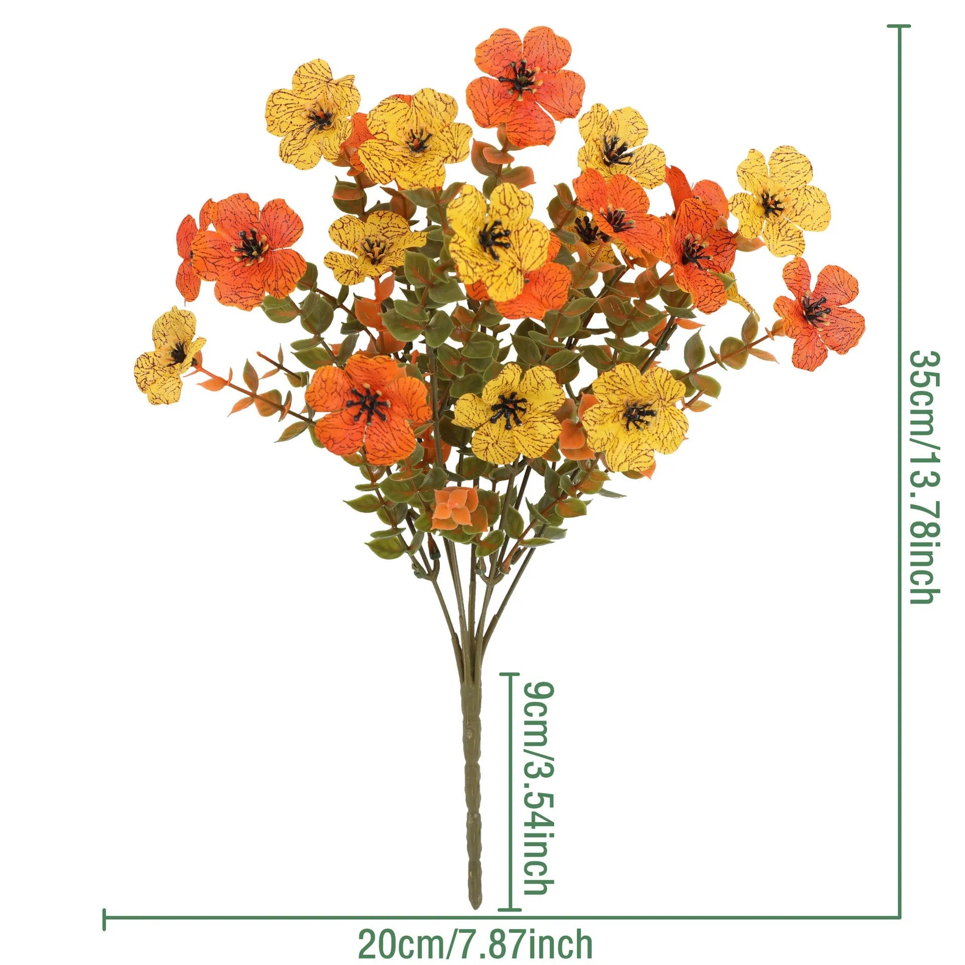 Artificial flower bouquet in autumn colours including orange, yellow, and red tones