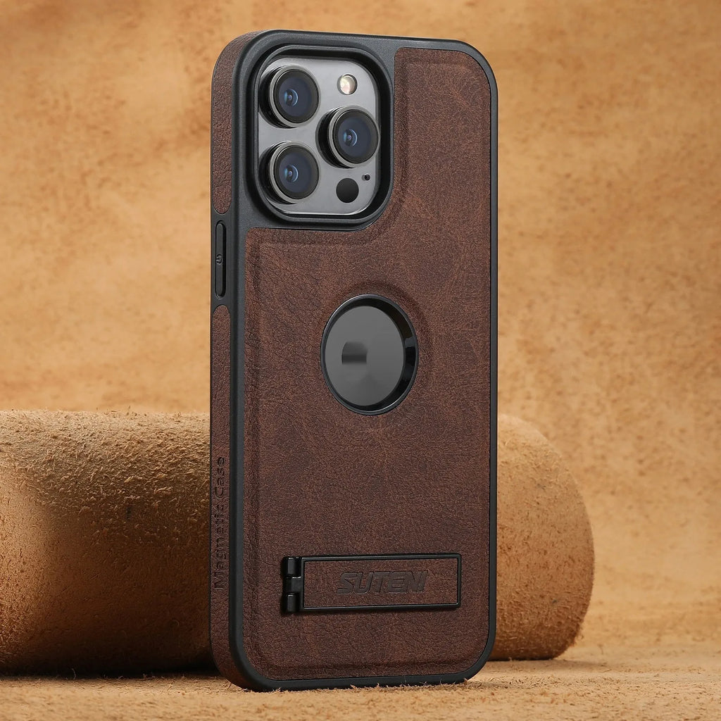 Handmade PU TPU magnetic phone case with stand for Apple iPhone in oil wax brown finish