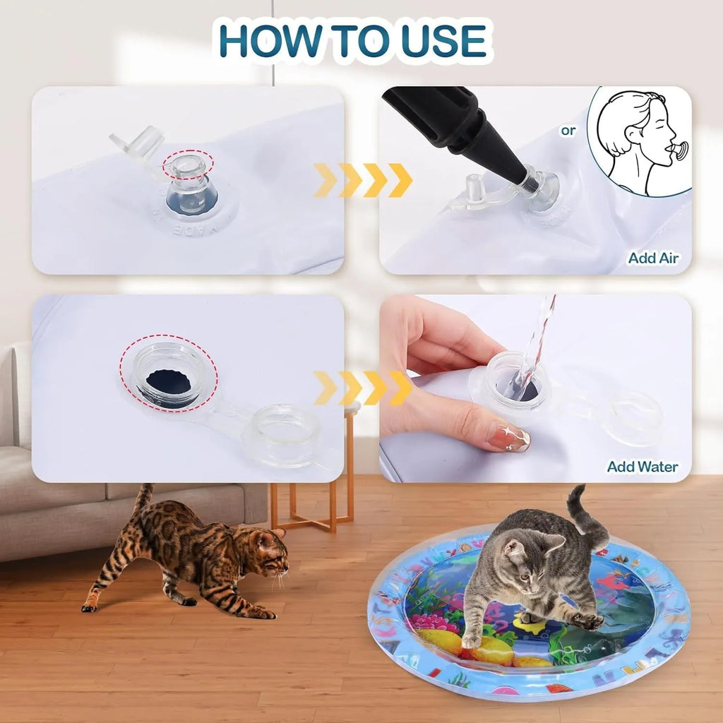 Thickened PVC water playmat for cats and dogs on floor with floating fish toys inside.