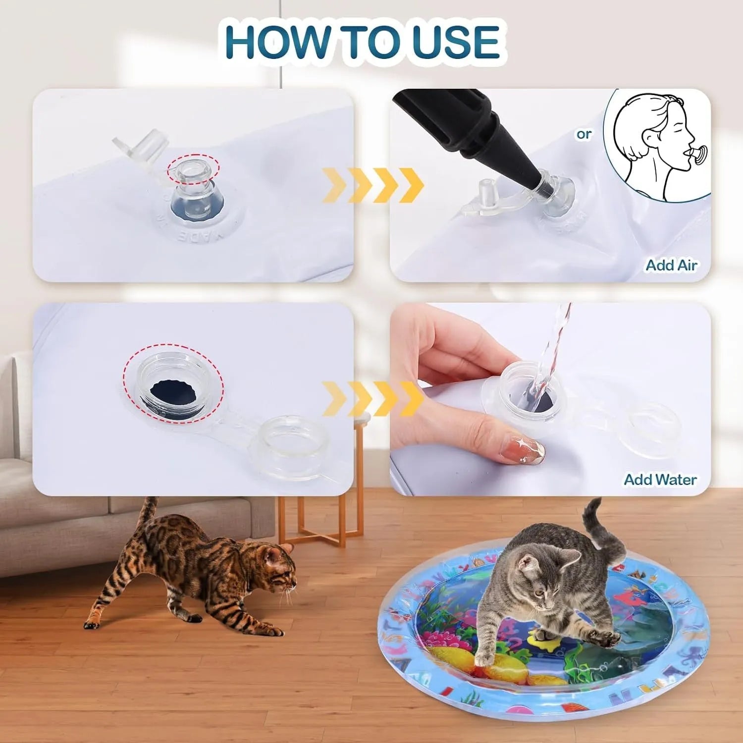Thickened PVC water playmat for cats and dogs on floor with floating fish toys inside.