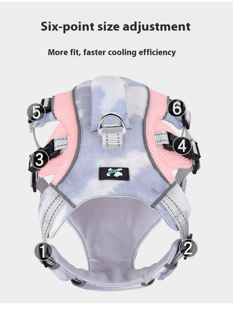 Reflective dog chest strap with cooling feature in light blue, shown on a dog.
