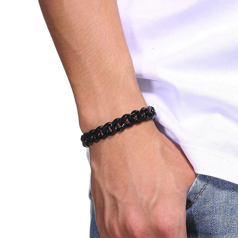 Six-sided gold Cuban link chain bracelet with geometric metal links available in multiple widths