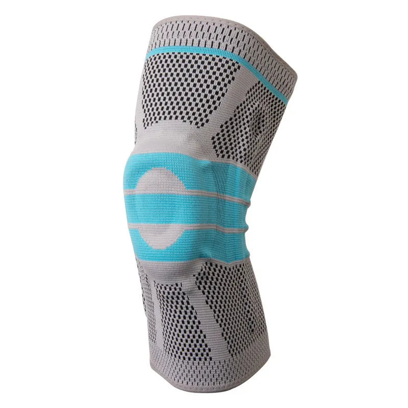 Sky blue elastic fibre knee pads for running and basketball sports.