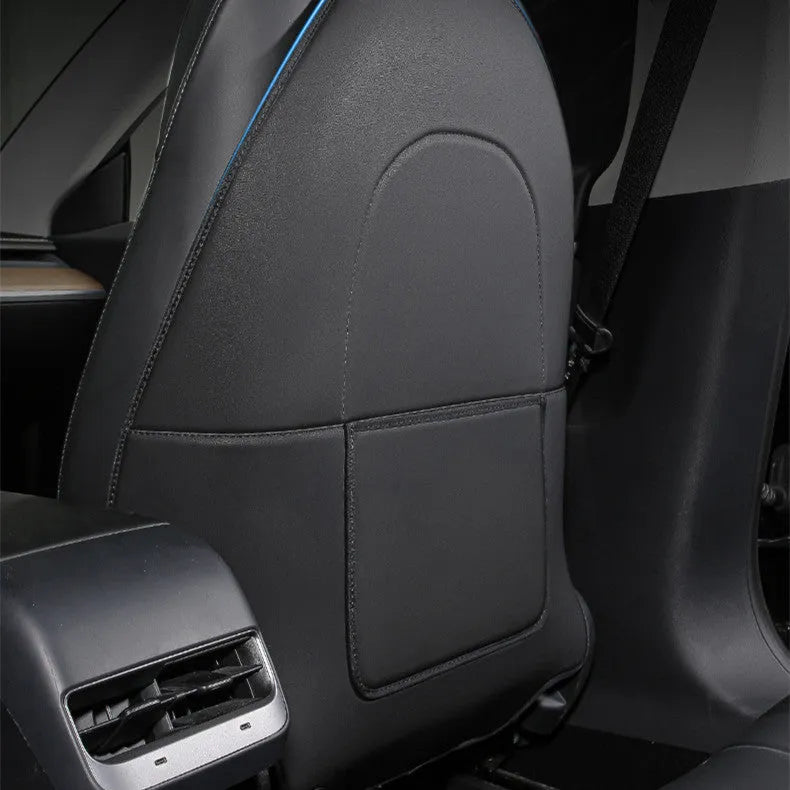 Black leather rear anti kick pad for car seat, shown with a single storage pocket.