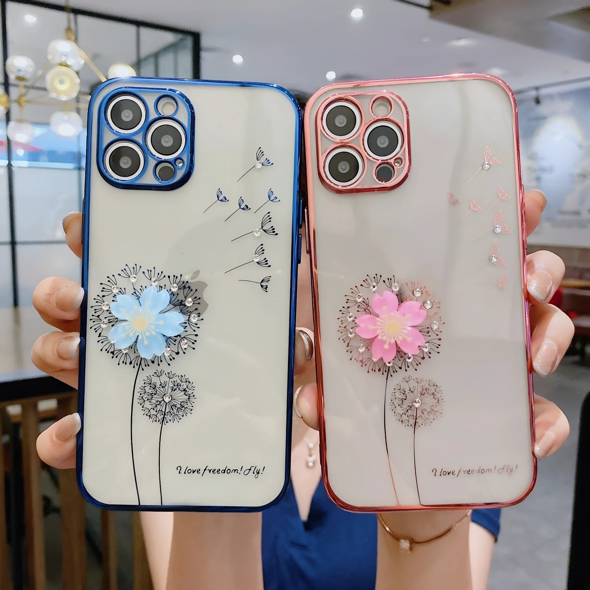 Silicone iPhone case with a spinning 3D flower stand on the back in rose gold colour