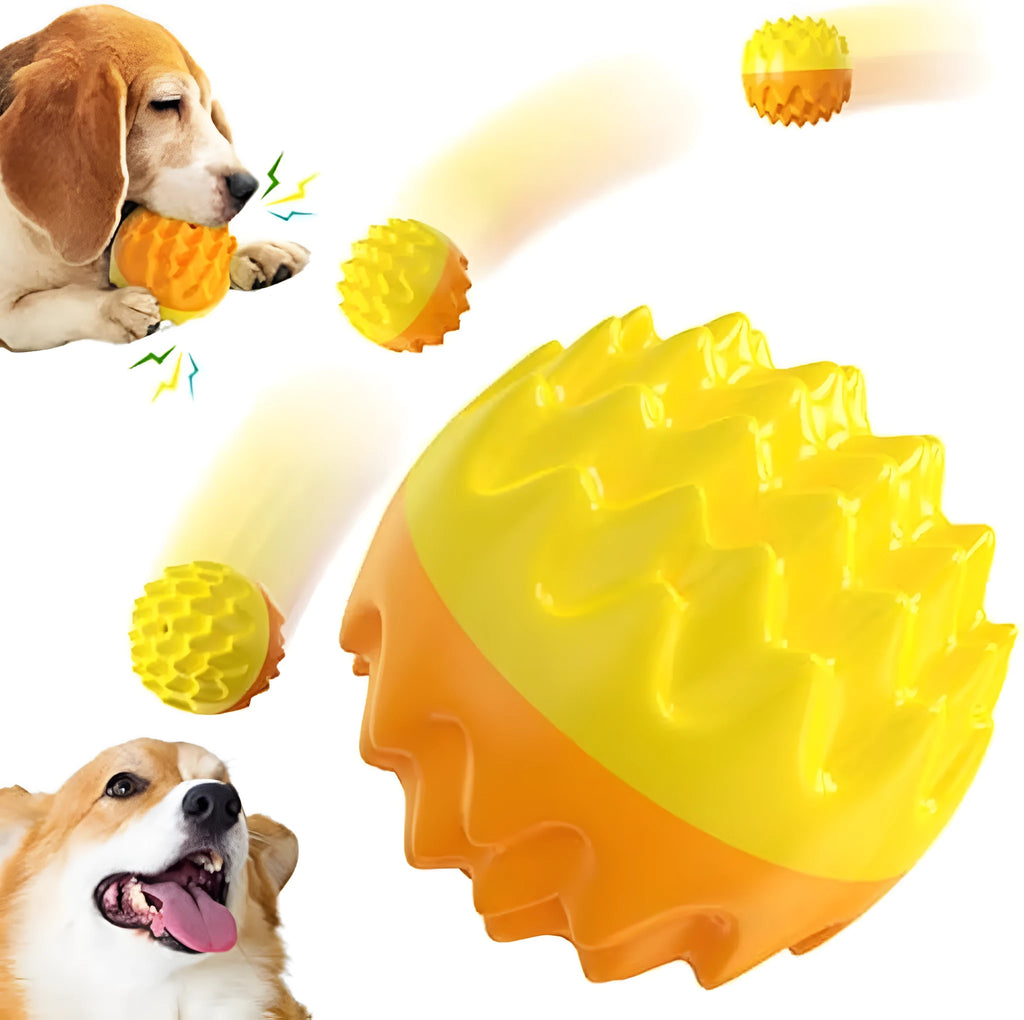 Blue and orange durable rubber squeaky dog ball toy with spiky texture for teeth cleaning.