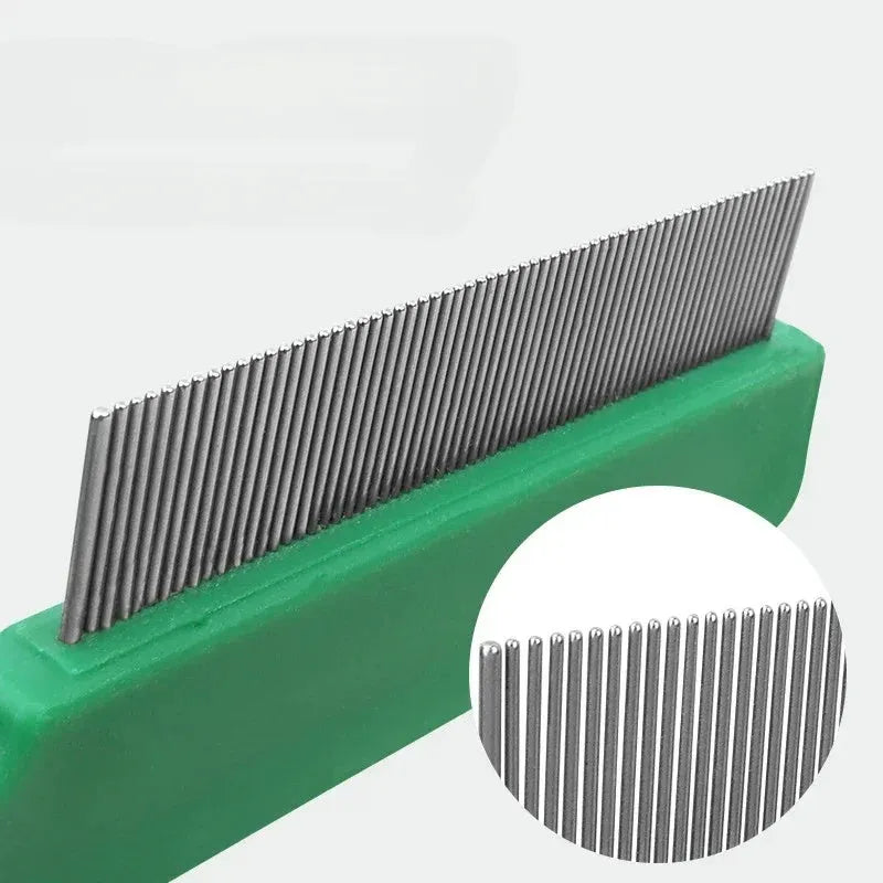 Green stainless steel pet flea comb with plastic handle for dog and cat grooming