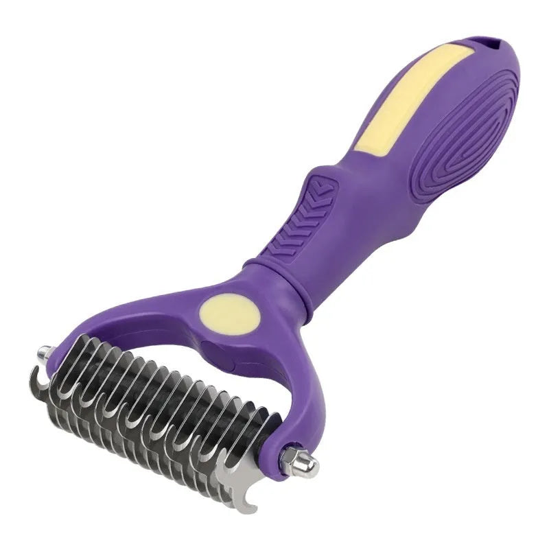 Purple double-sided plastic pet comb for untying knots in dog and cat fur