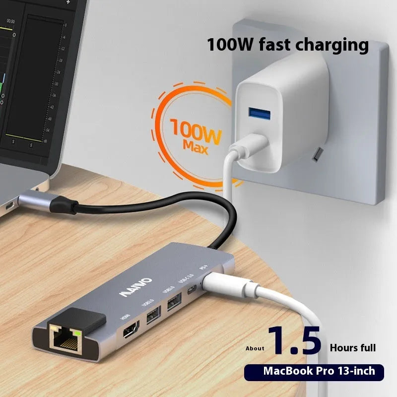 Steam Deck six-in-one docking station with aluminium shell and 15cm Type-C cable.