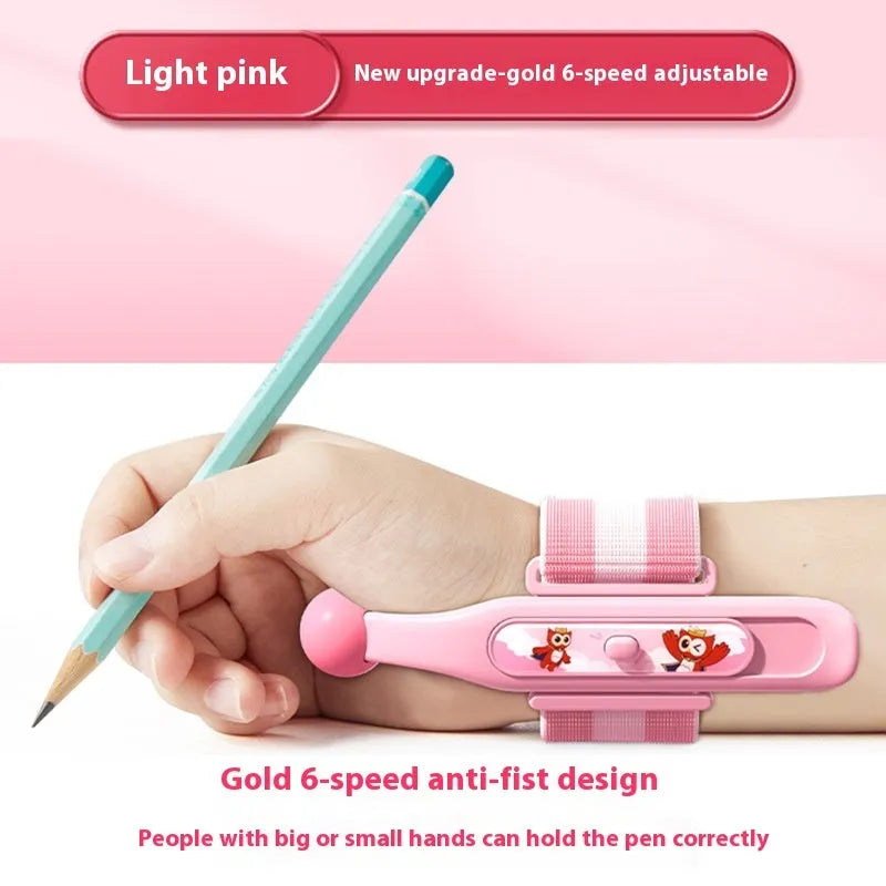 Blue anti-hook wrist brace pen corrector for children's handwriting posture on a desk.
