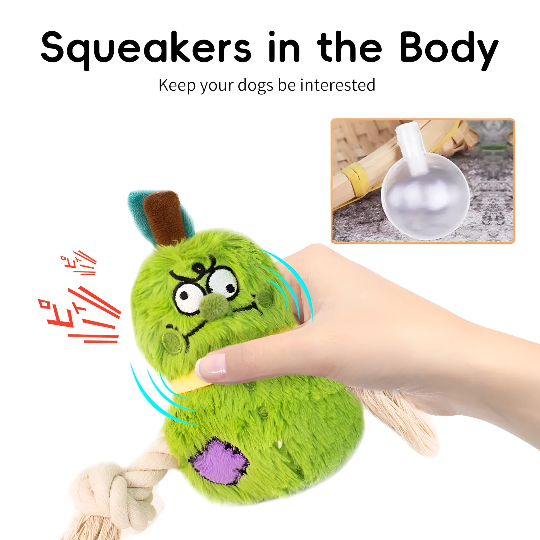 Green and purple interactive dog toy showing a plush rope knot and a molar tooth design for tugging and chewing.