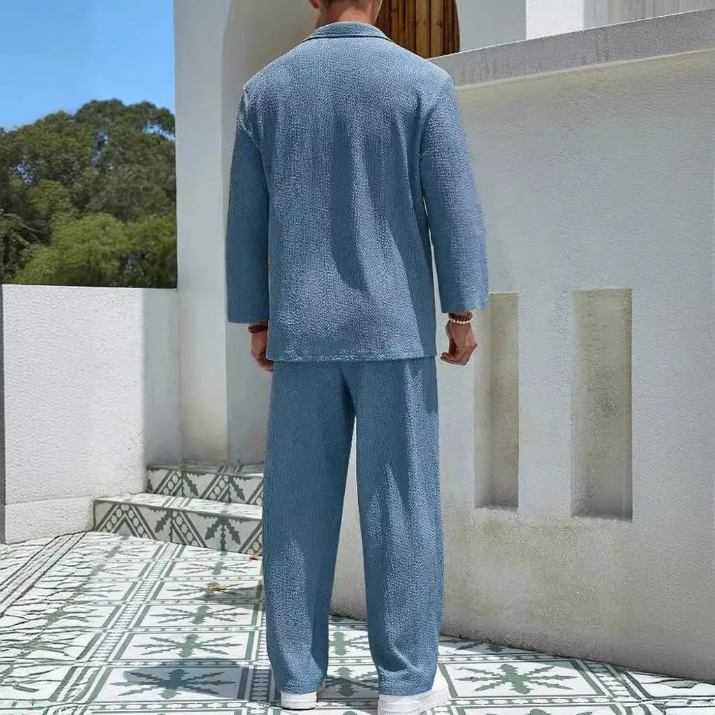 Men's casual polyester commuter suit with shirt-style jacket and trousers in four colour options