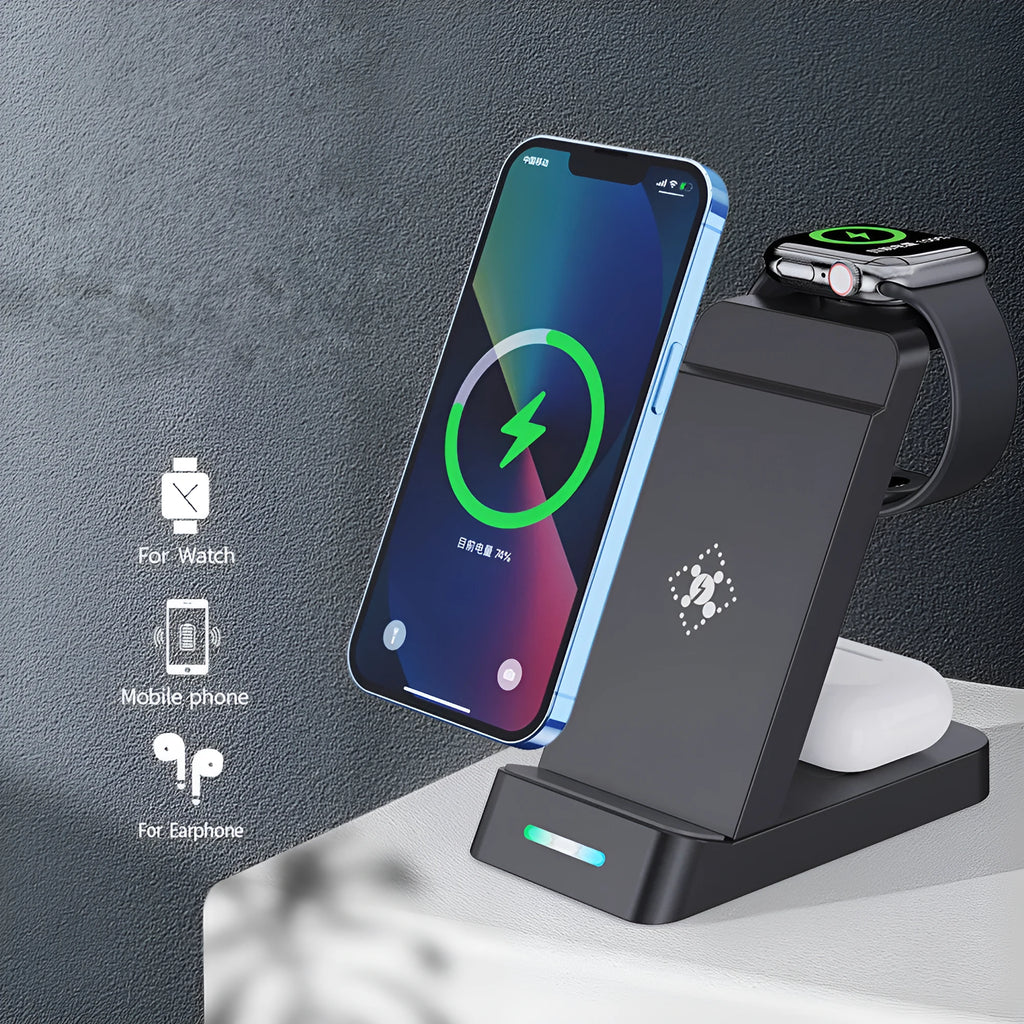 Black and white 3-in-1 wireless charging station showing phone, AirPods and iWatch charging simultaneously