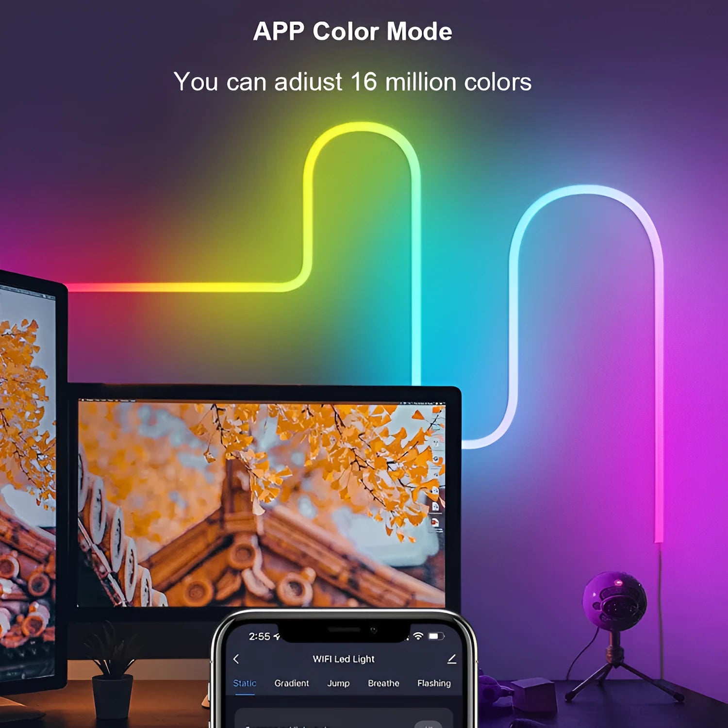 3 metre long RGB neon LED strip lights with remote control and USB power cable