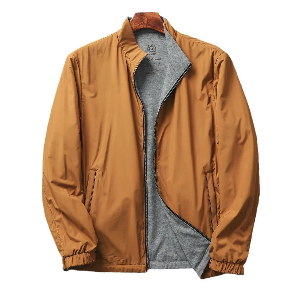 Men's stand collar casual jacket in Army Green, showing simple design and regular fit.
