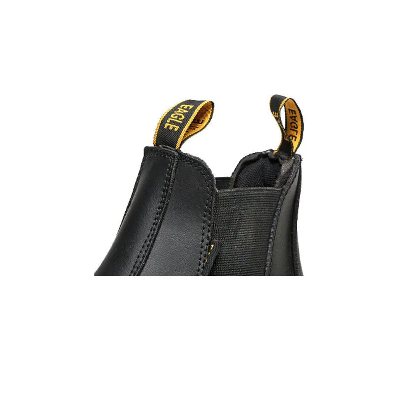 Black leather safety boots with high-top design and anti-piercing sole for industrial work