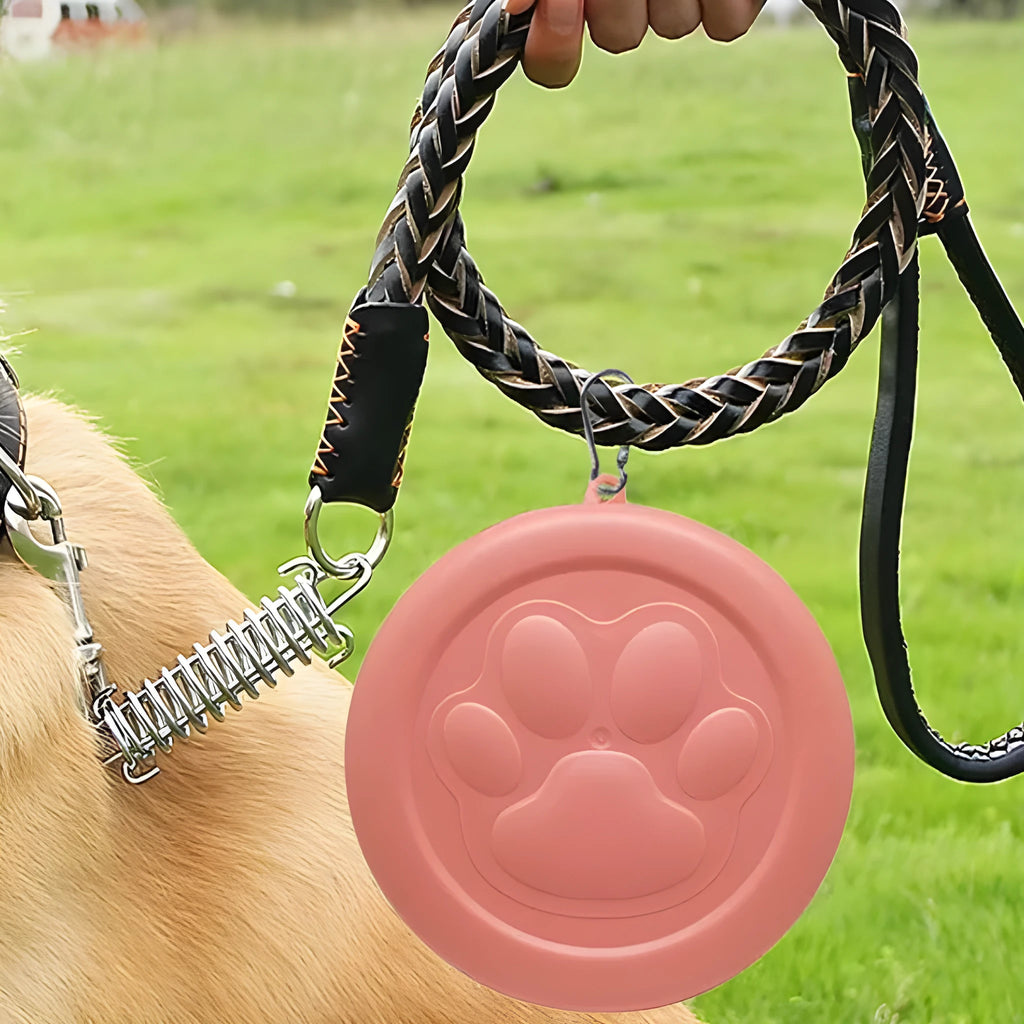 Collapsible silicone dog bowl shown in expanded feeding position and folded flat storage position