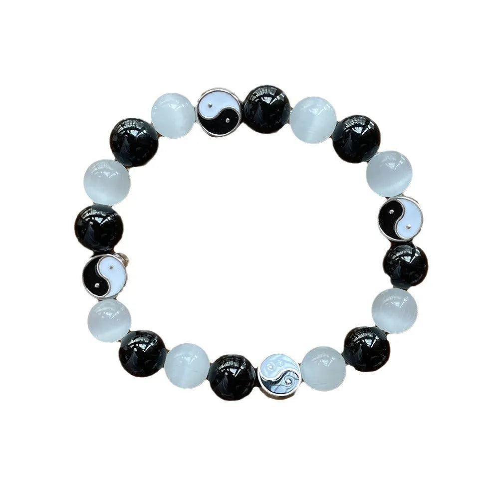 Natural black agate and opal Tai Chi bracelet with 10mm polished beads in Chinese style