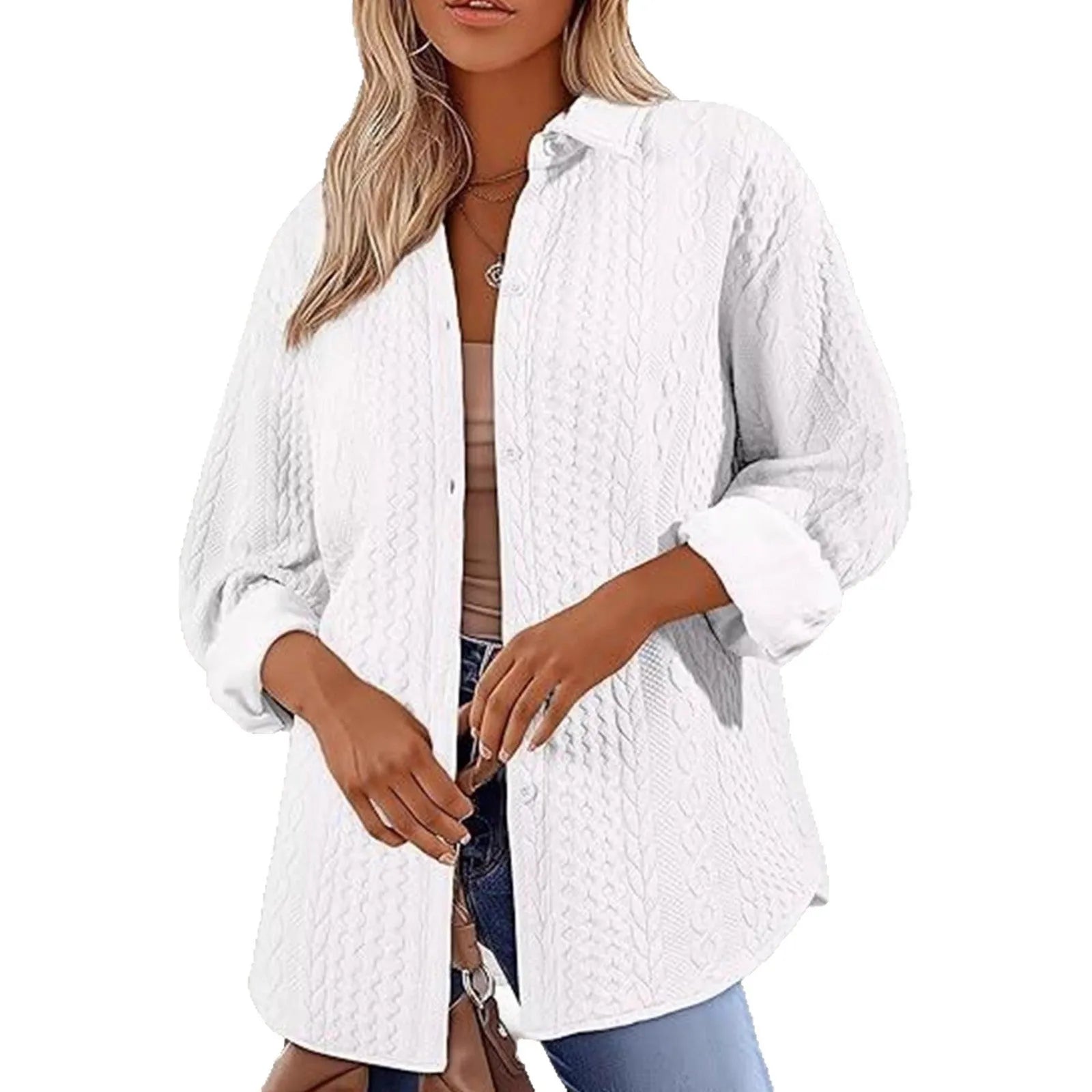 Women's solid colour long sleeve cardigan sweater in black, white, or khaki